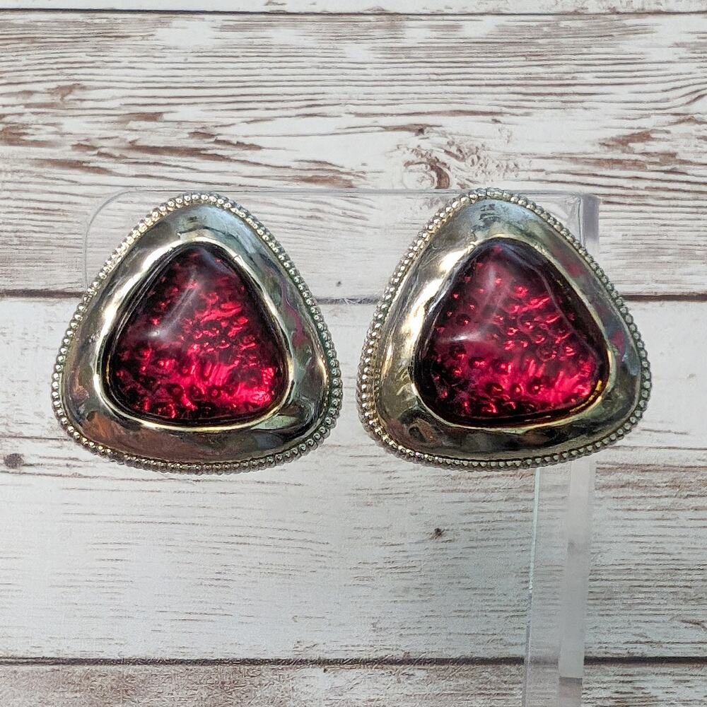 Vintage Clip On Earrings Statement Large Red & Gold Tone Triangular